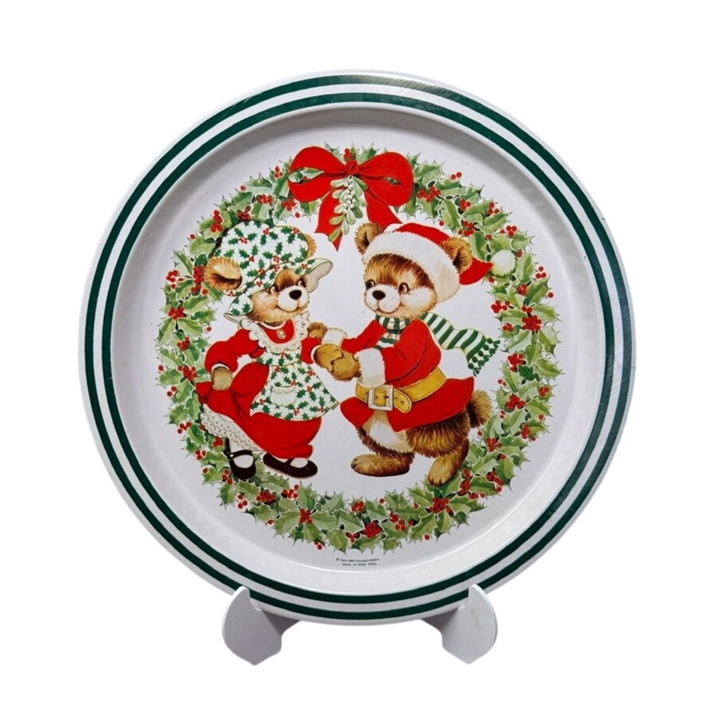Vintage 1984 SNP Chicago Christmas Bear Holly Wreath Metal Serving Tray 13 Inch